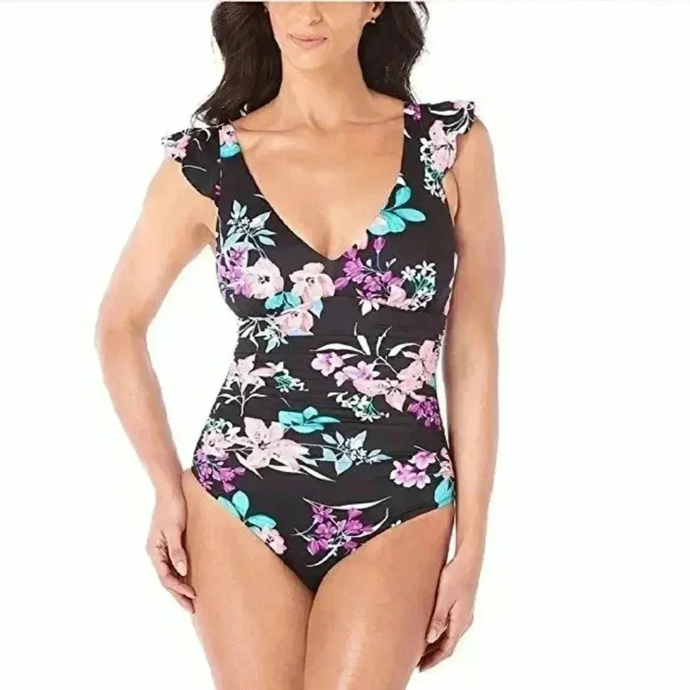NWT Swim Solutions Mio Waist Minimize Swimsuit Swim Solutions Black Pink Sz 14